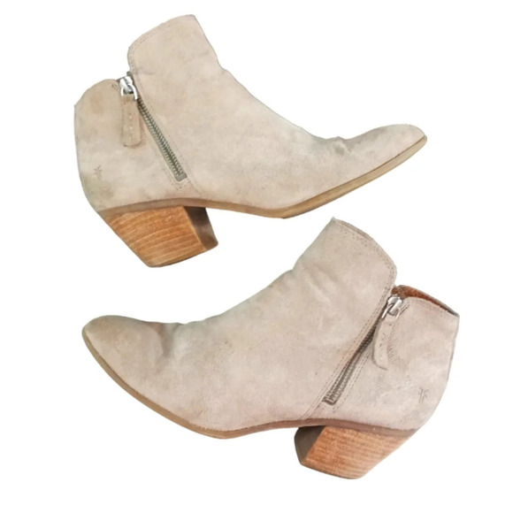 Frye Ash Suede Double Zip Tan/Beige Ankle Boots Boho Southwestern Bootie… - Picture 1 of 11